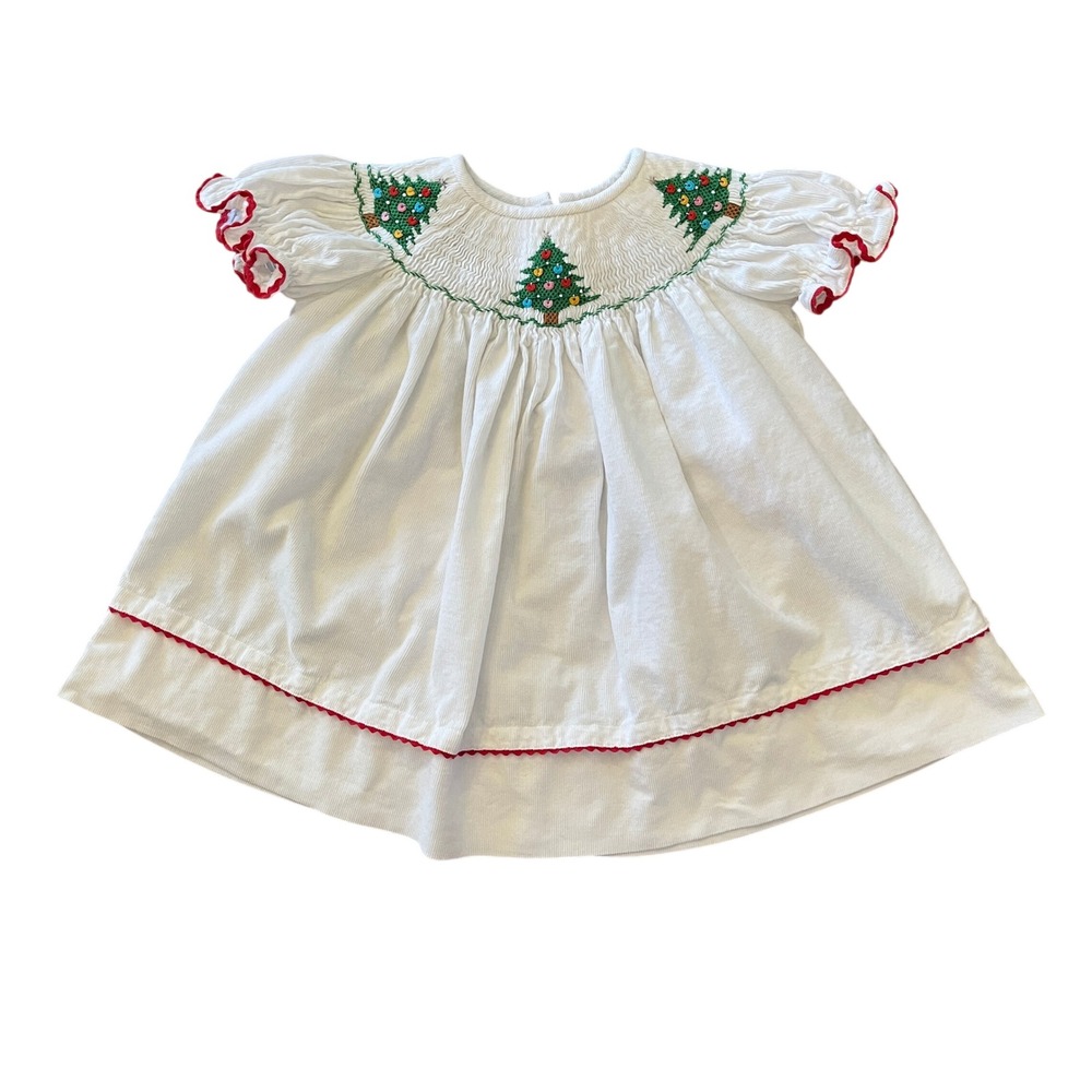 Anavini Smocked Christmas Embroidered Dress Baby Girl 9M White Corduroy Tree